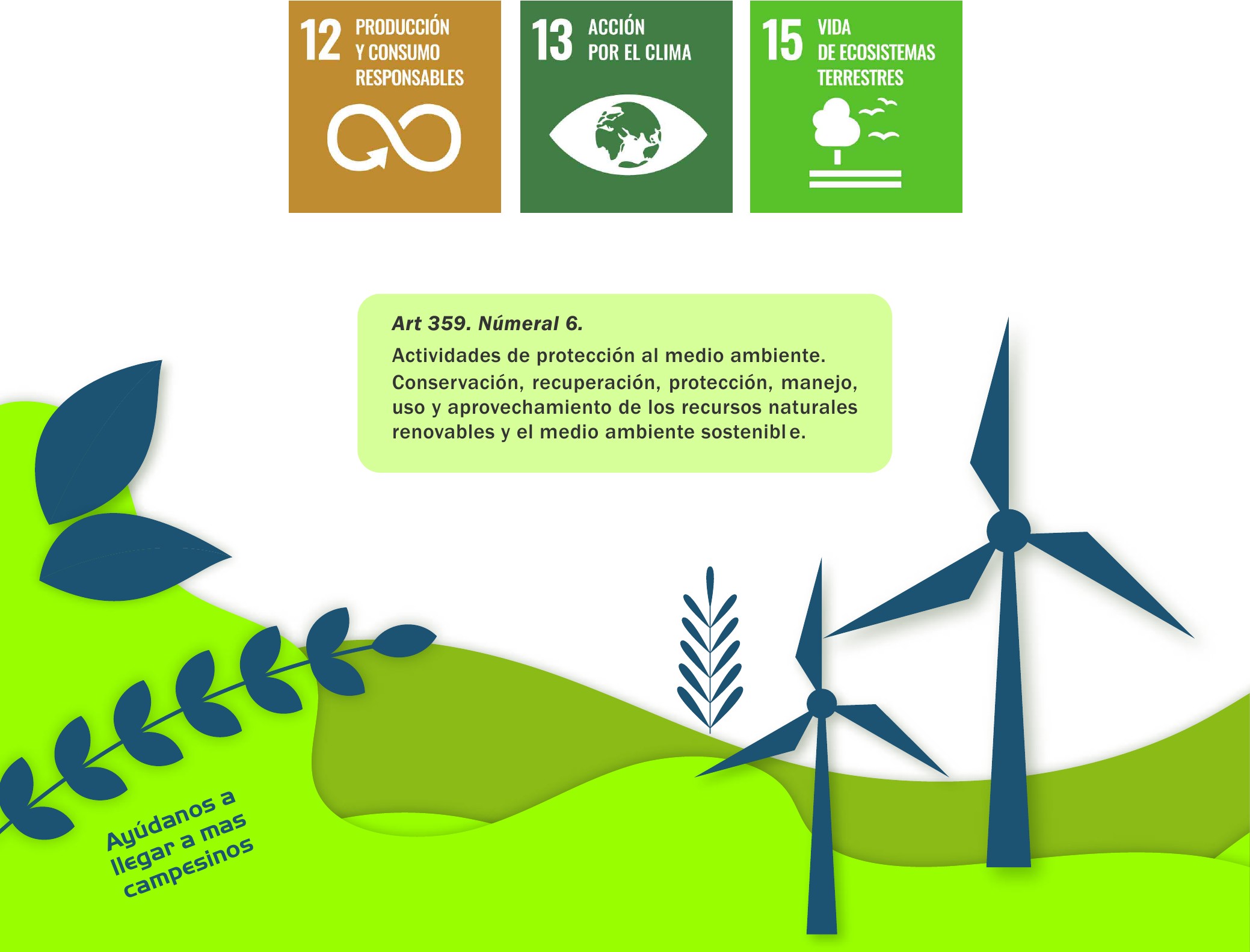 Paisaje gráfico del brochure con hojas, tallos y aerogeneradores